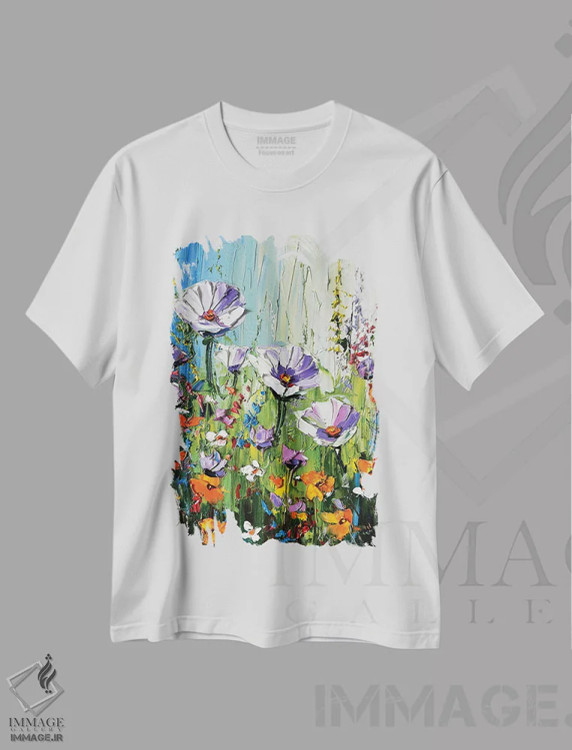 تیشرت سفید طرح دار رویای باغ سرشار از خوشی، هنر فاخر معاصر اثر لیزا الی | immage.ir
