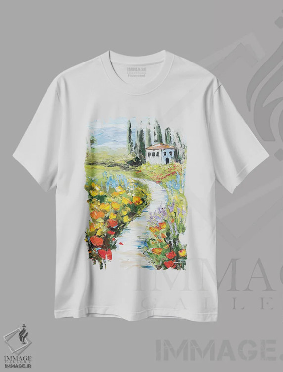 تیشرت سفید طرح دار هارمونی شکوفه ها، هنر فاخر معاصر اثر لیزا الی | فروشگاه ایماژ