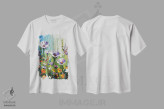 تیشرت سفید طرح دار رویای باغ سرشار از خوشی، هنر فاخر معاصر اثر لیزا الی | immage.ir