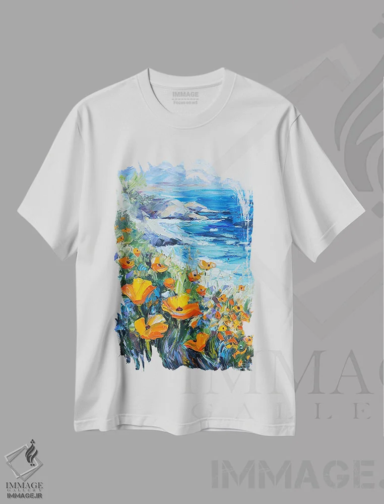 تیشرت سفید طرح دار ون گوگ در ساحل، دکور معاصر اثر لیزا الی | فروشگاه ایماژ
