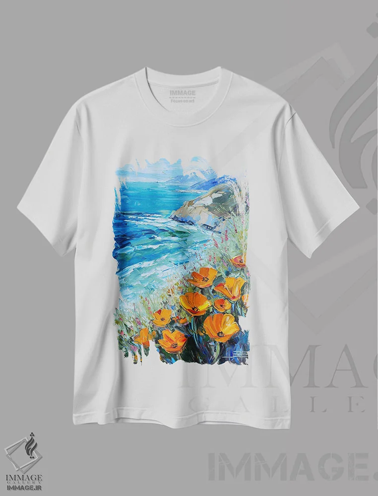 تیشرت سفید طرح دار رویای ساحلی ون گوگ، دکور معاصر اثر لیزا الی | immage.ir