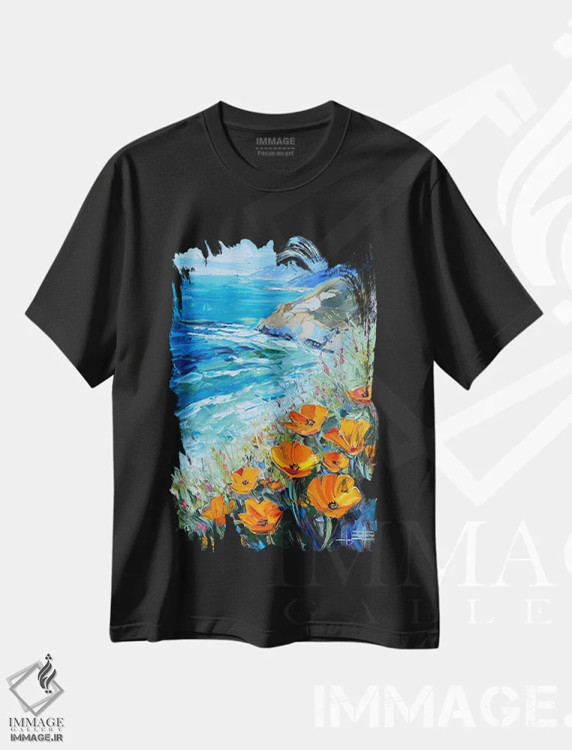 تیشرت مشکی طرح دار رویای ساحلی ون گوگ، دکور معاصر اثر لیزا الی | فروشگاه ایماژ