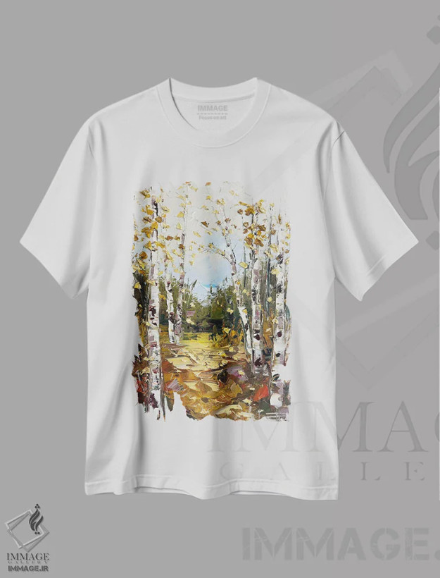 تیشرت سفید طرح دار درخشش پاییز، هنر فاخر معاصر اثر لیزا الی | فروشگاه ایماژ