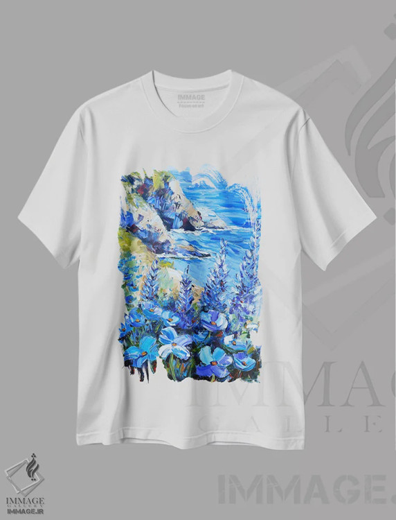 تیشرت سفید طرح دار غزل دریای آبی، هنر فاخر معاصر اثر لیزا الی | immage.ir