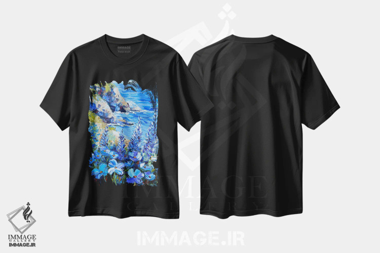 تیشرت مشکی طرح دار غزل دریای آبی، هنر فاخر معاصر اثر لیزا الی | فروشگاه ایماژ