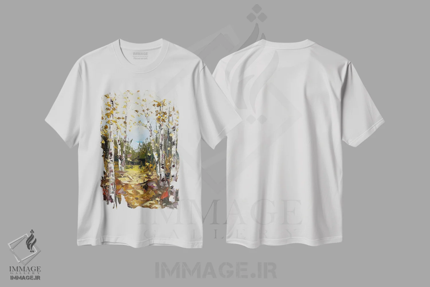 تیشرت سفید طرح دار درخشش پاییز، هنر فاخر معاصر اثر لیزا الی | فروشگاه ایماژ