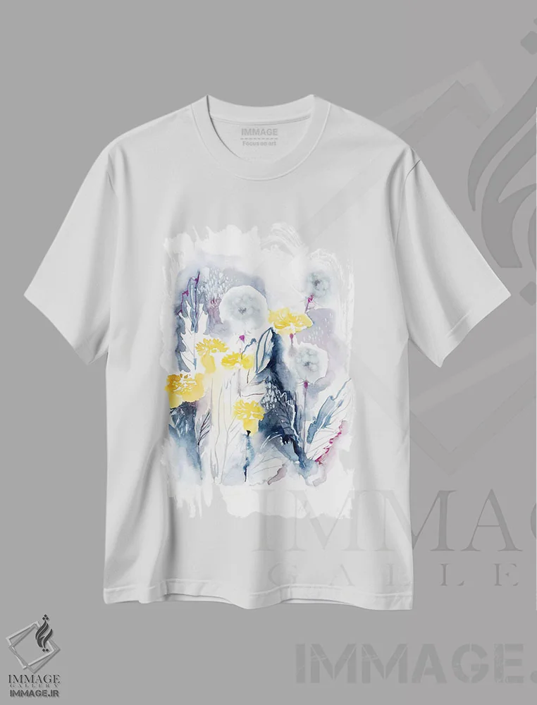 تیشرت سفید طرح دار قاصدک ها، آبستره اثر لسیا بینکین | فروشگاه ایماژ