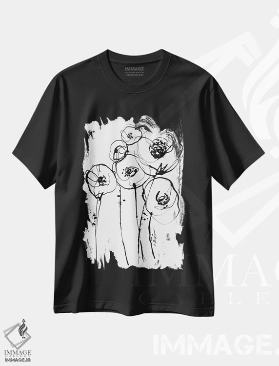 تیشرت مشکی طرح دار حرکت II، هنر تزئینی سیاه و سفید اثر لسیا بینکین | فروشگاه ایماژ