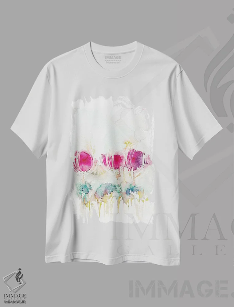 تیشرت سفید طرح دار بهار در هوا، آبستره اثر لسیا بینکین | فروشگاه ایماژ