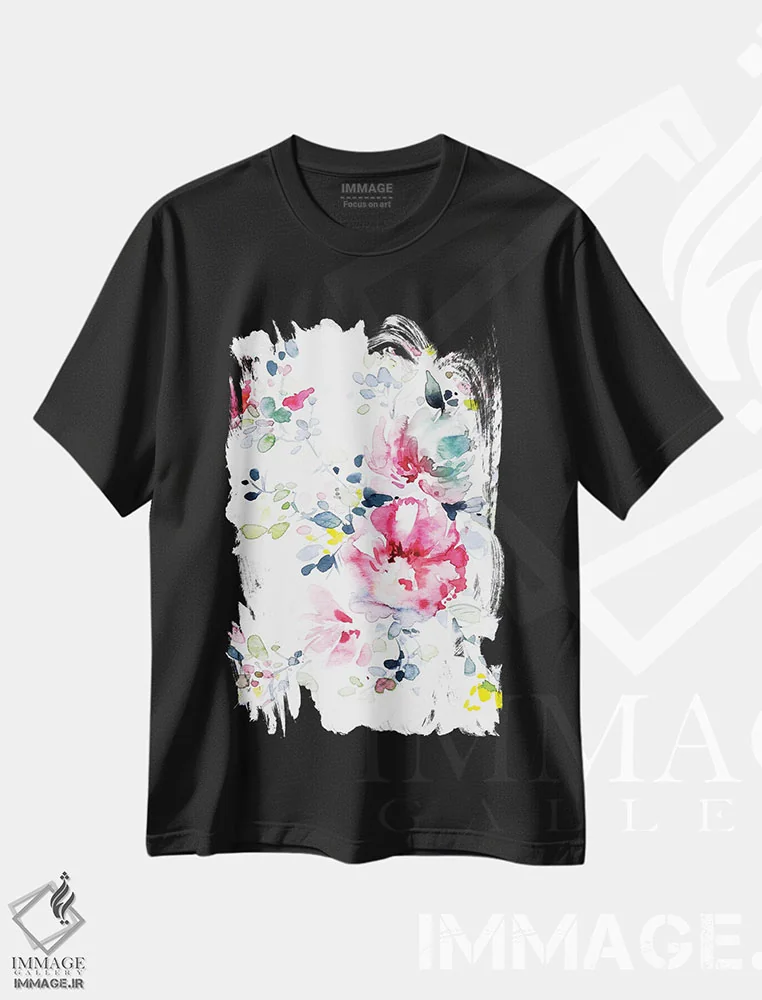 تیشرت مشکی طرح دار شکوفه، هنر فاخر معاصر اثر لسیا بینکین | immage.ir