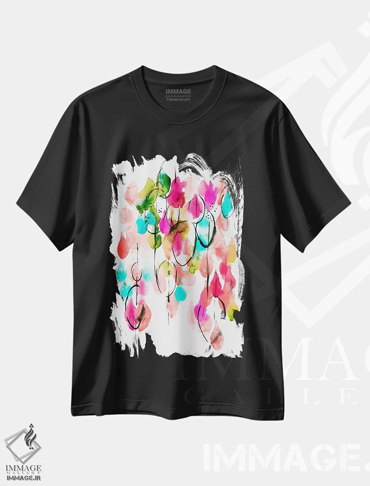 تیشرت مشکی طرح دار قطره های نور، آبستره اثر لسیا بینکین | فروشگاه ایماژ