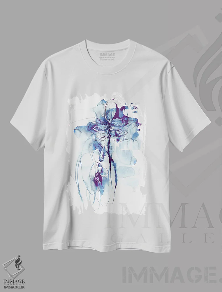 تیشرت سفید طرح دار اولین باران، آبستره اثر لسیا بینکین | فروشگاه ایماژ