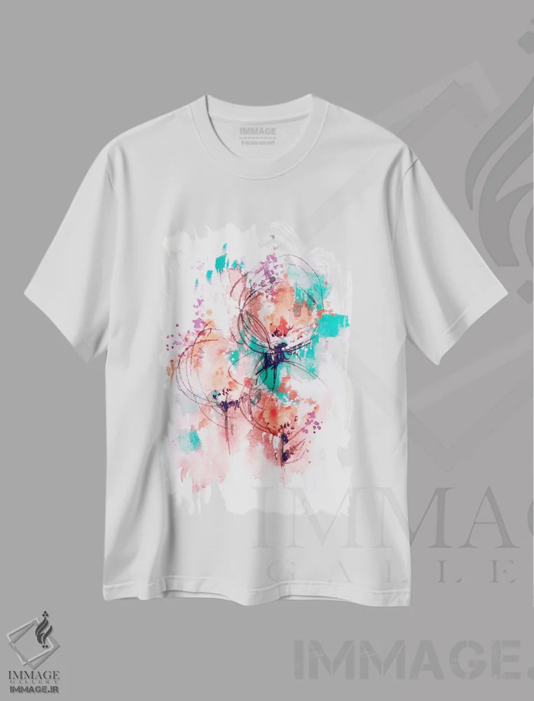 تیشرت سفید طرح دار گل آتشین، آبستره اثر لسیا بینکین | immage.ir