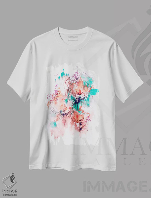 تیشرت سفید طرح دار گل آتشین، آبستره اثر لسیا بینکین | immage.ir