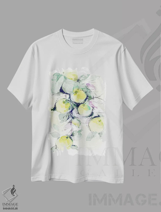 تیشرت سفید طرح دار سیب های طلایی، دکور معاصر اثر لسیا بینکین | فروشگاه ایماژ