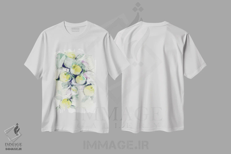 تیشرت سفید طرح دار سیب های طلایی، دکور معاصر اثر لسیا بینکین | فروشگاه ایماژ