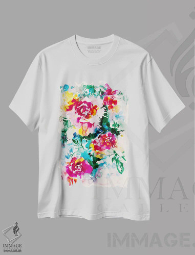 تیشرت سفید طرح دار دریاچهٔ رنگ ها، دکور معاصر اثر لسیا بینکین | فروشگاه ایماژ