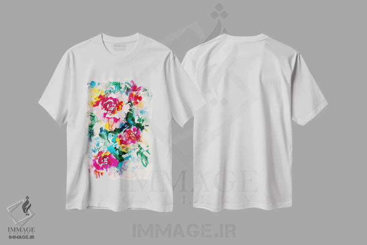 تیشرت سفید طرح دار دریاچهٔ رنگ ها، دکور معاصر اثر لسیا بینکین | فروشگاه ایماژ