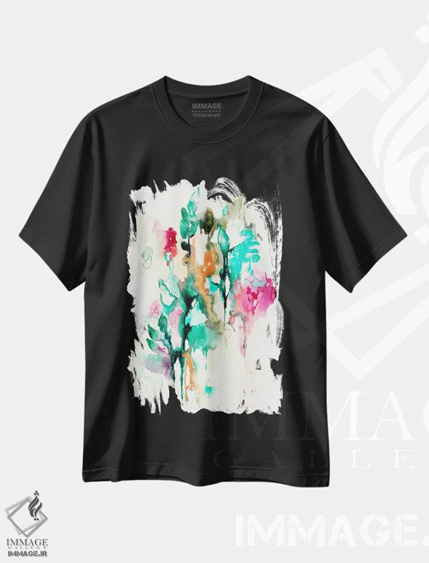 تیشرت مشکی طرح دار یشم مهتابی، آبستره اثر لسیا بینکین | فروشگاه ایماژ