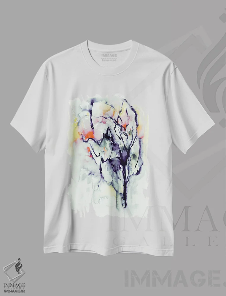 تیشرت سفید طرح دار گرگ و میش، آبستره اثر لسیا بینکین | فروشگاه ایماژ