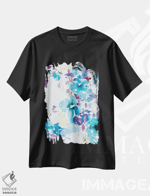 تیشرت مشکی طرح دار دسته گل آبی I، تزئینی اثر لسیا بینکین | فروشگاه ایماژ