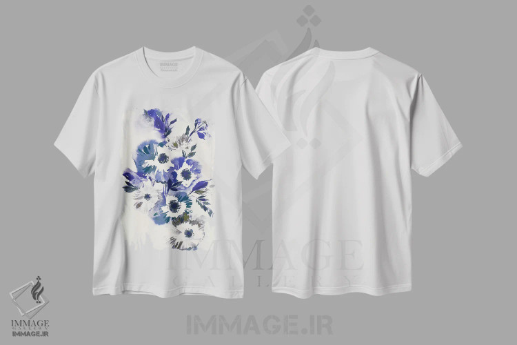 تیشرت سفید طرح دار دسته گل آبی II، تزئینی اثر لسیا بینکین | فروشگاه ایماژ