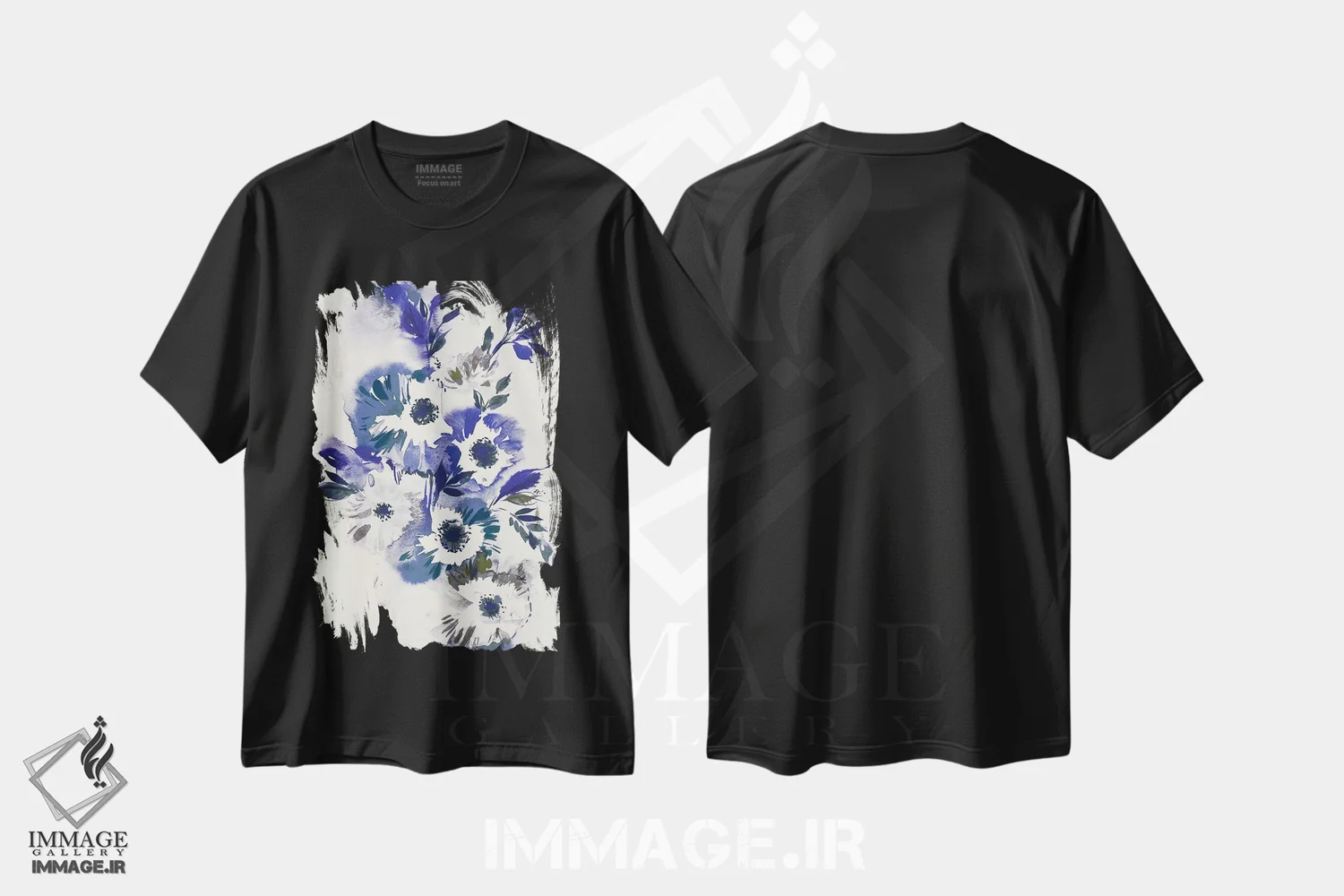 تیشرت مشکی طرح دار دسته گل آبی II، تزئینی اثر لسیا بینکین | immage.ir