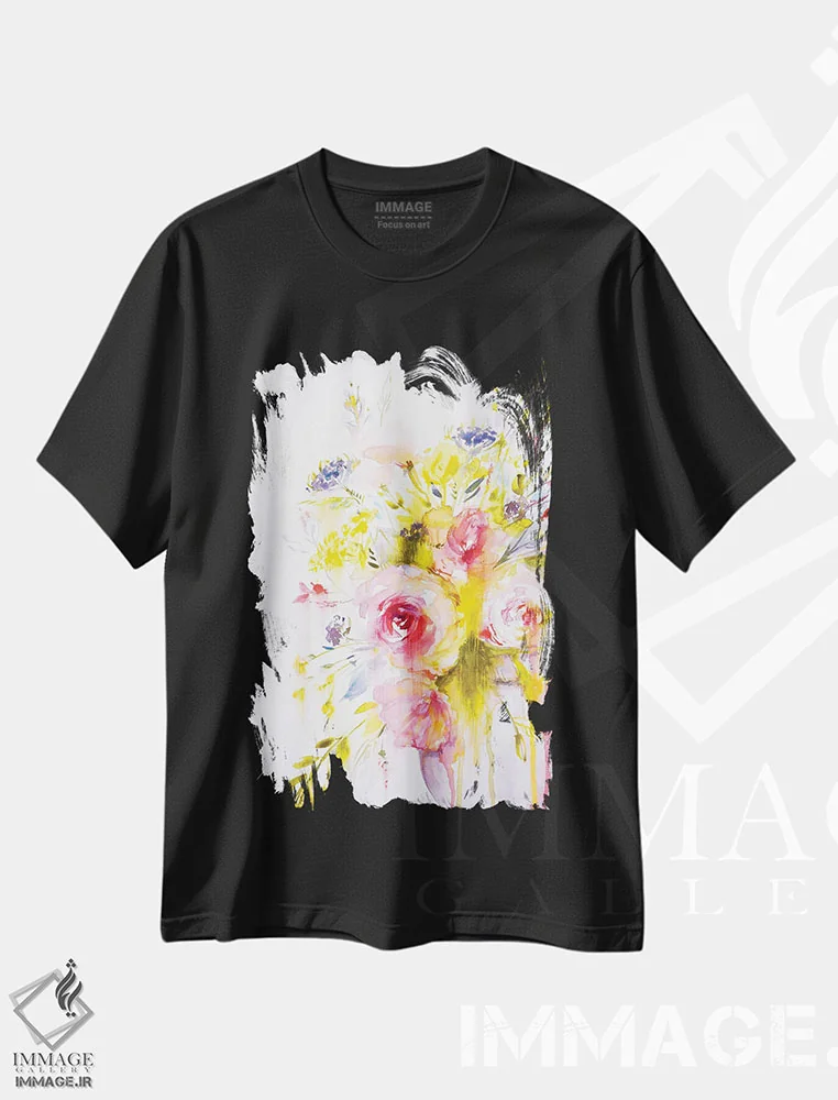 تیشرت مشکی طرح دار دسته گل رنگارنگ II، تزئینی اثر لسیا بینکین | فروشگاه ایماژ