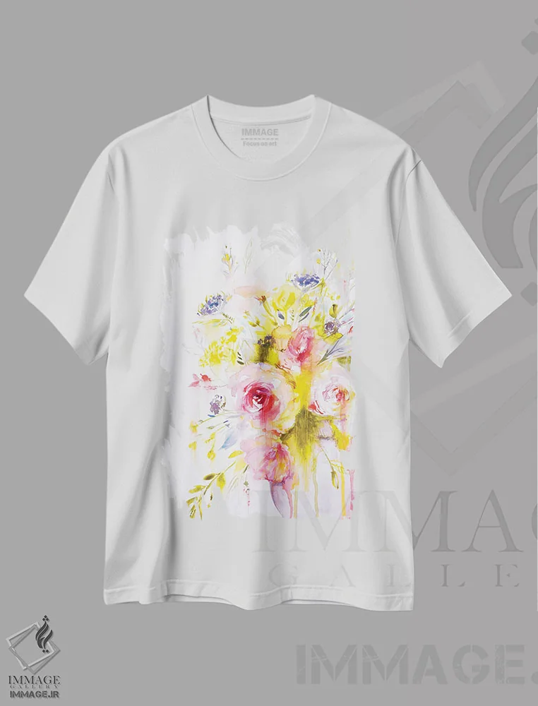 تیشرت سفید طرح دار دسته گل رنگارنگ II، تزئینی اثر لسیا بینکین | immage.ir
