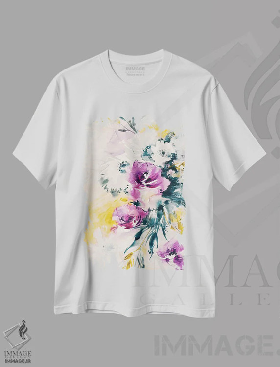تیشرت سفید طرح دار دسته گل رنگارنگ III، تزئینی اثر لسیا بینکین | فروشگاه ایماژ
