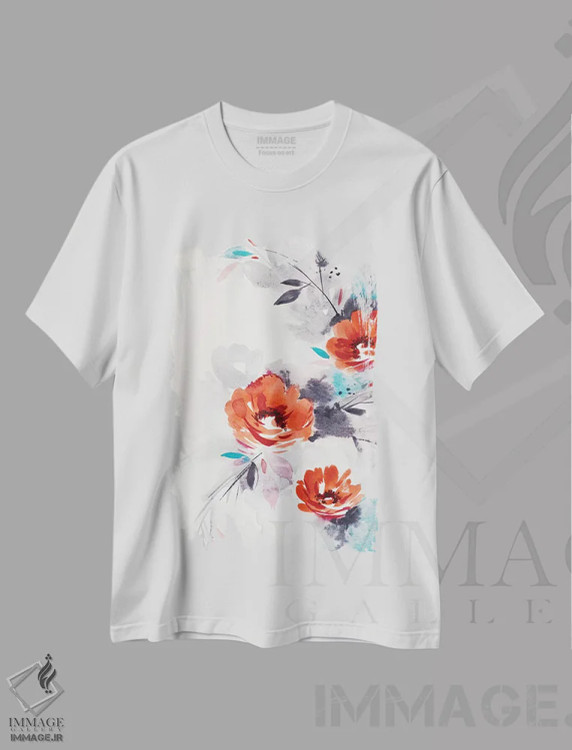 تیشرت سفید طرح دار گل های قرمز مینیمال، تزئینی اثر لسیا بینکین | فروشگاه ایماژ