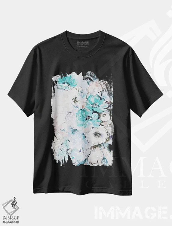 تیشرت مشکی طرح دار دسته گل پاستلی، تزئینی اثر لسیا بینکین | immage.ir