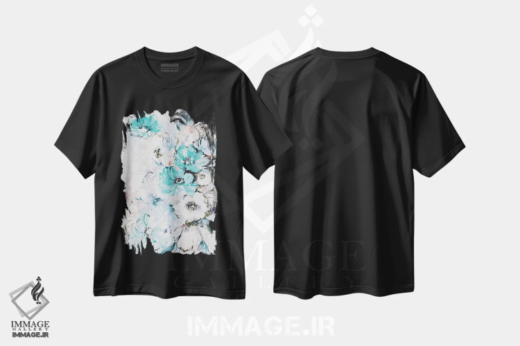 تیشرت مشکی طرح دار دسته گل پاستلی، تزئینی اثر لسیا بینکین | immage.ir