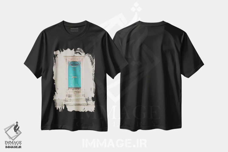 تیشرت مشکی طرح دار در سبز نعنایی و ساختمان صورتی، تزئینی اثر لورا ایوانز | immage.ir