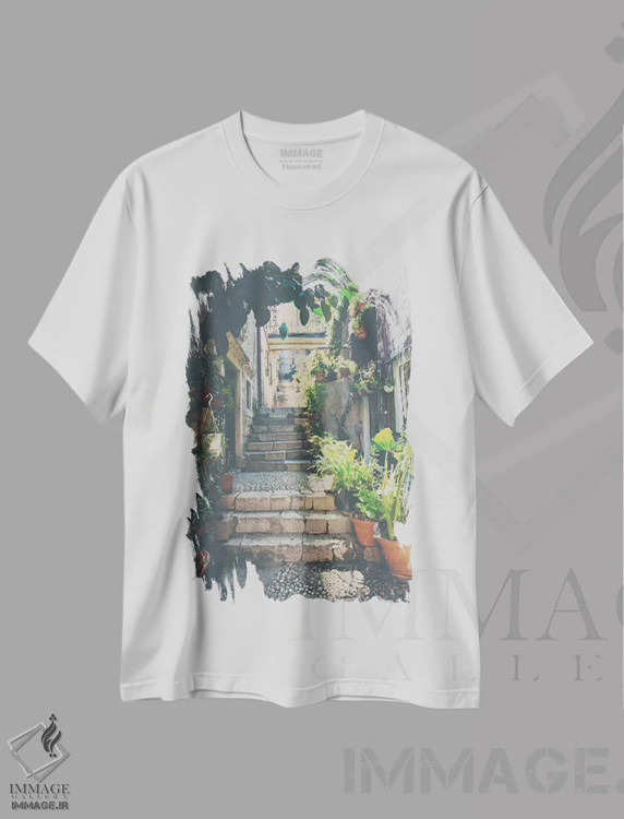 تیشرت سفید طرح دار زیباترین پله ها، تزئینی اثر لورا ایوانز | immage.ir