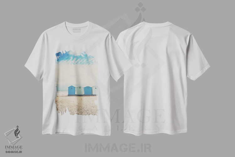تیشرت سفید طرح دار کلبه های ساحلی چرموس، دکور ساحلی اثر لورا ایوانز | فروشگاه ایماژ