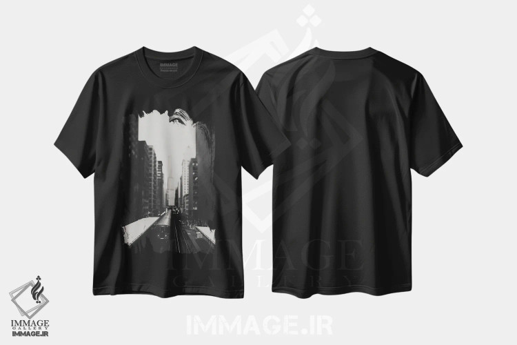 تیشرت مشکی طرح دار قطار L در منطقه ساوت لوپ شیکاگو، عکاسی سیاه و سفید اثر لورا ایوانز | فروشگاه ایماژ