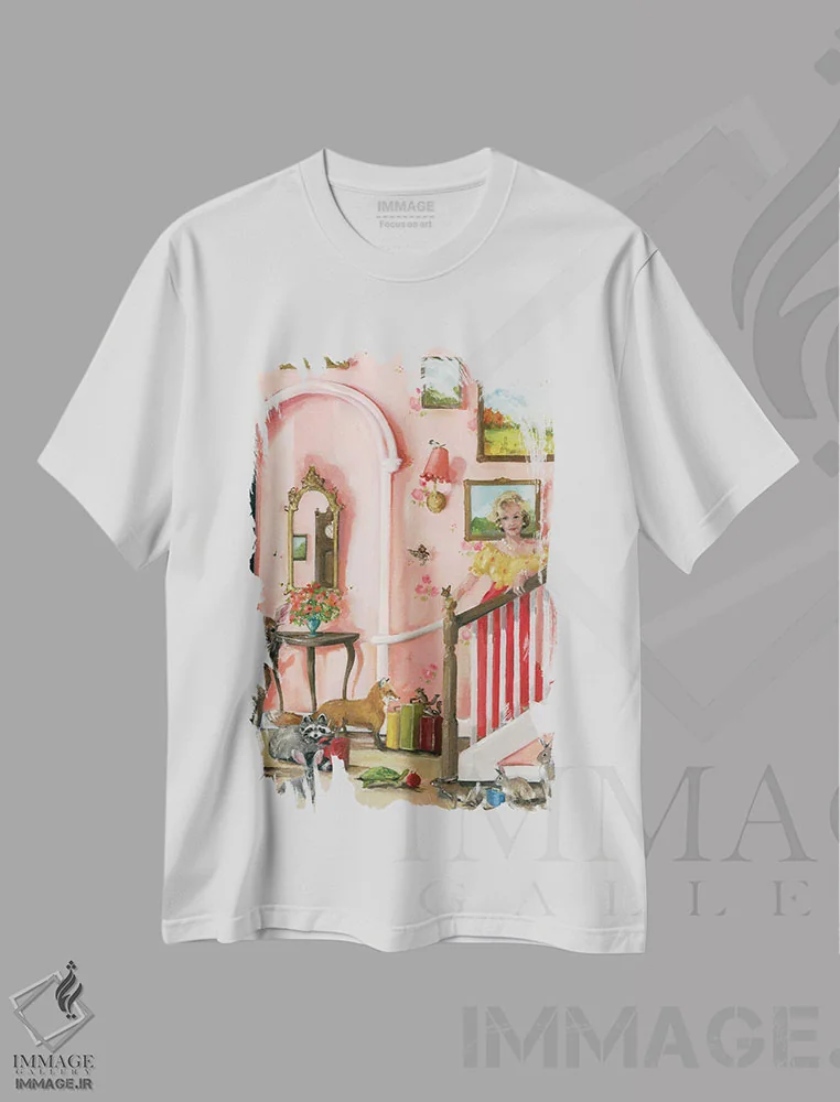 تیشرت سفید طرح دار آخر هفته در کلبهٔ رز، هنر فاخر معاصر اثر لیزا فینچ | فروشگاه ایماژ