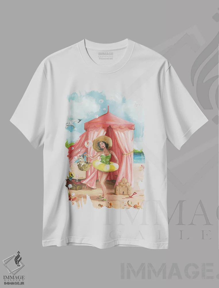 تیشرت سفید طرح دار رقص خرچنگ ویولن زن، دکور ساحلی اثر لیزا فینچ | immage.ir