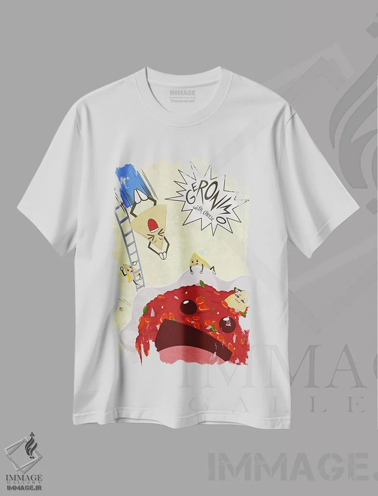 تیشرت سفید طرح دار غوطه ور خوشمزه، دکور معاصر اثر فایو بای فایو کالکتیو | فروشگاه ایماژ
