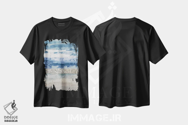تیشرت مشکی طرح دار رنگ های ساحلی ۲، آبستره اثر لوری فیلدز | فروشگاه ایماژ