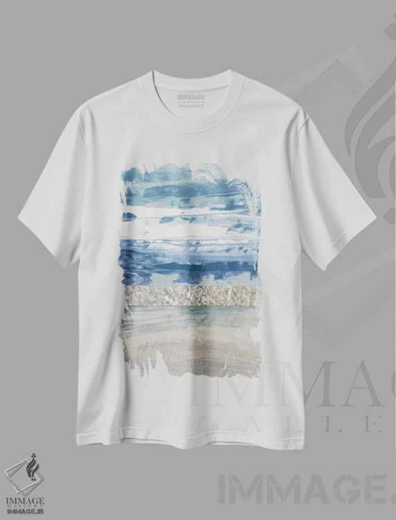 تیشرت سفید طرح دار رنگ های ساحلی ۲، آبستره اثر لوری فیلدز | immage.ir