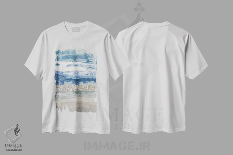تیشرت سفید طرح دار رنگ های ساحلی ۲، آبستره اثر لوری فیلدز | immage.ir