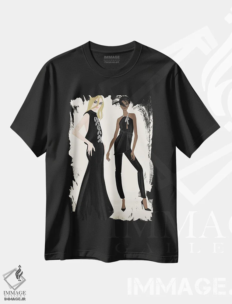 تیشرت مشکی طرح دار زنان پرزرق وبرق، هنر آمریکایی آفریقایی تبار اثر لا فَم ژوژو | فروشگاه ایماژ