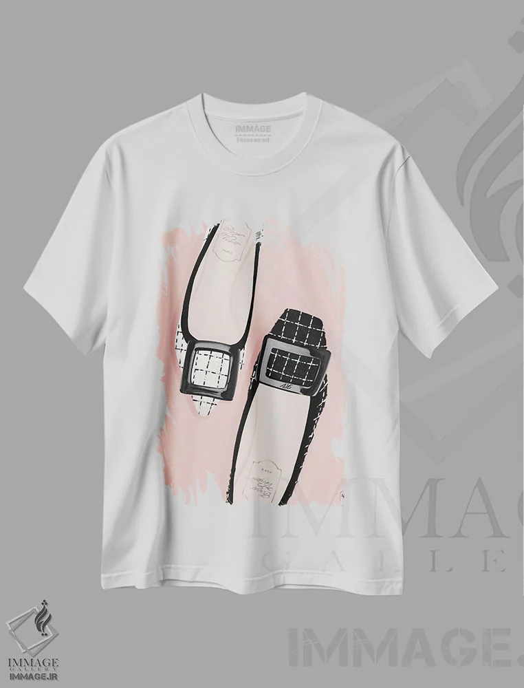 تیشرت سفید طرح دار کفش باله چهارخانه، تزئینی اثر لا فَم ژوژو | فروشگاه ایماژ
