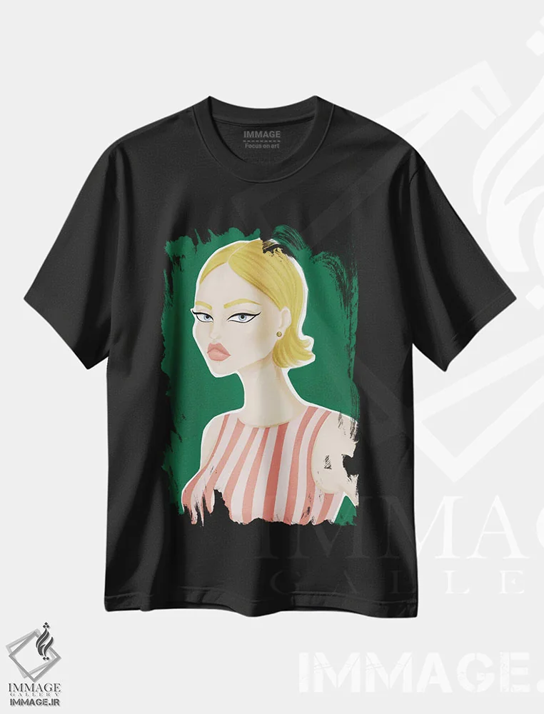 تیشرت مشکی طرح دار راه راه های صورتی، تزئینی اثر لا فَم ژوژو | فروشگاه ایماژ