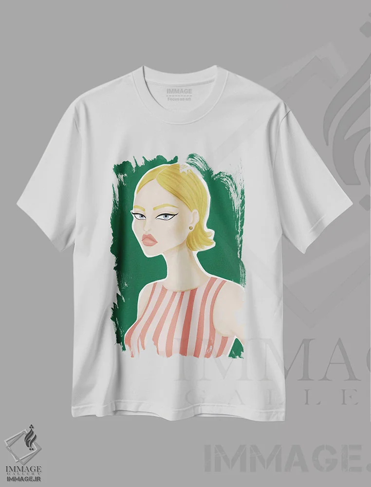 تیشرت سفید طرح دار راه راه های صورتی، تزئینی اثر لا فَم ژوژو | immage.ir