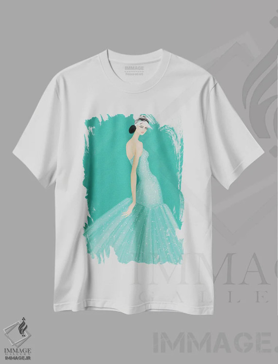 تیشرت سفید طرح دار پیراهن فیروزه ای، تزئینی اثر لا فَم ژوژو | فروشگاه ایماژ