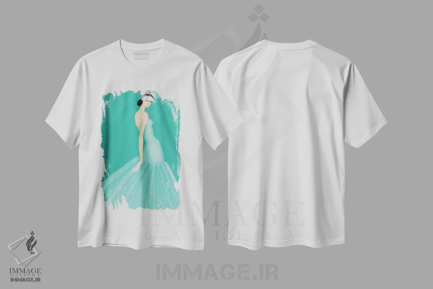 تیشرت سفید طرح دار پیراهن فیروزه ای، تزئینی اثر لا فَم ژوژو | فروشگاه ایماژ