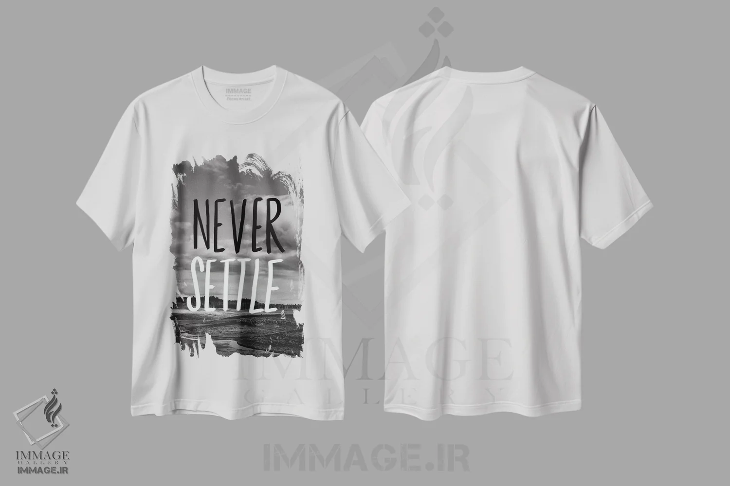 تیشرت سفید طرح دار هرگز قانع نشو، هنر تزئینی سیاه و سفید اثر لیا فلورس | immage.ir